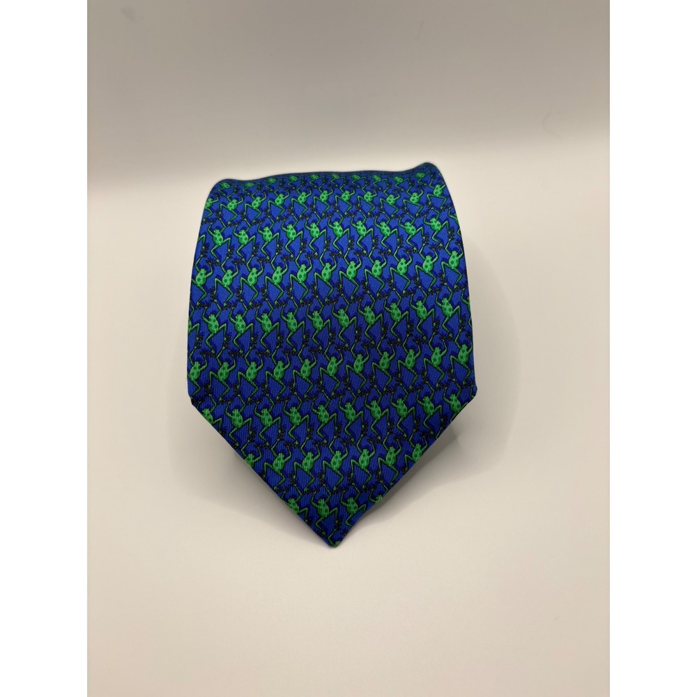 Eximious of London Mens Silk Tie Blue Green Frog Animal Print Made in Italy